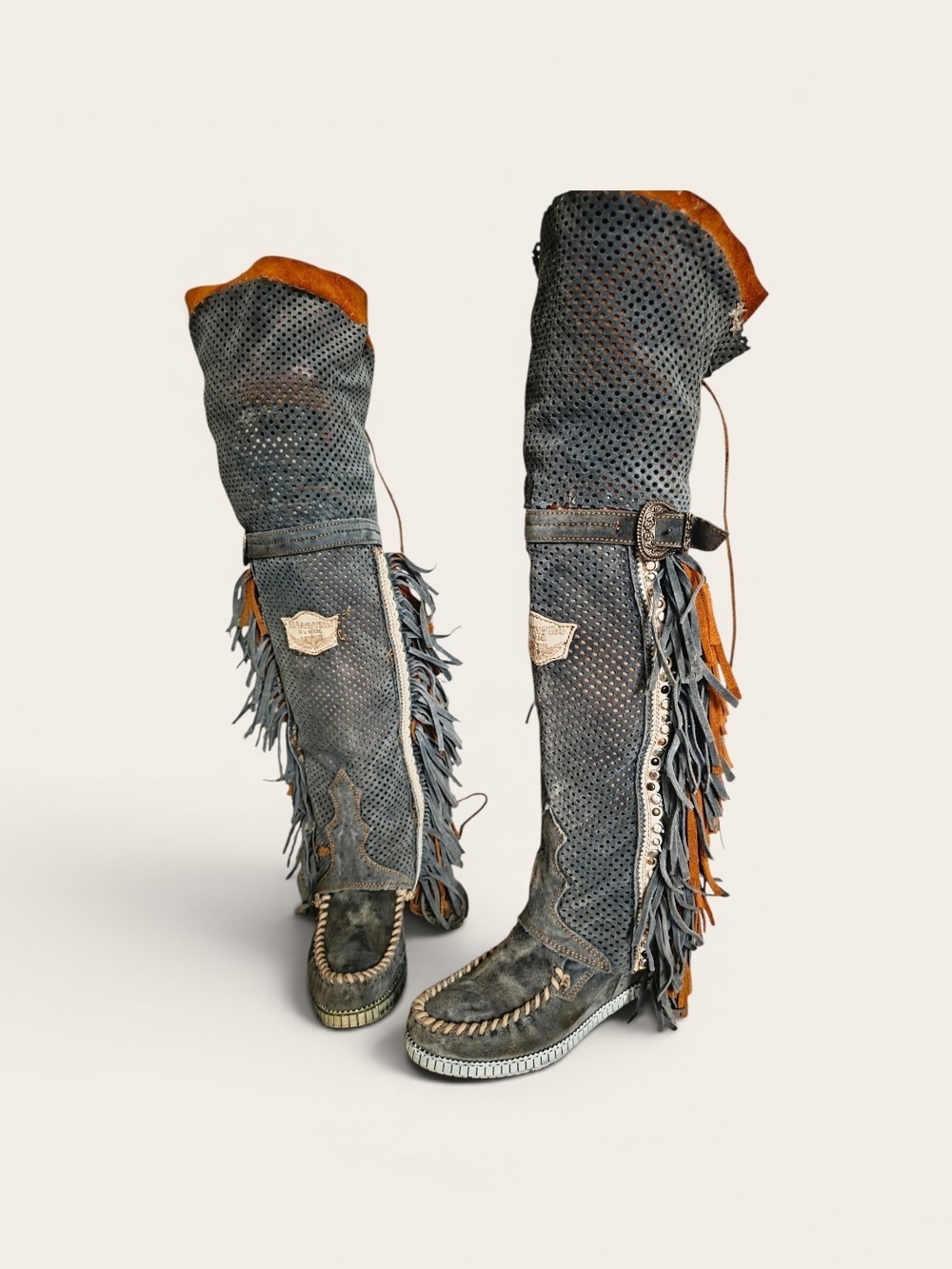 Fringed Over-the-Knee Combat Boots in Distressed Teal and Tan Custom Suede Fring - Picture 3 of 3